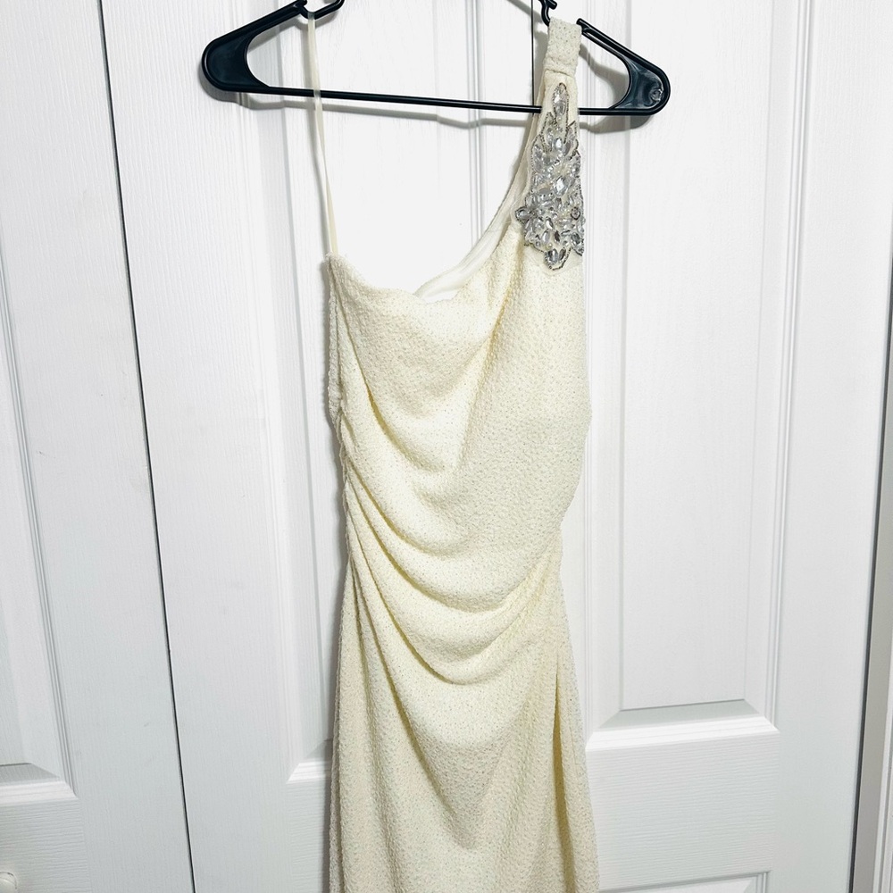 Cream One-Shoulder Cocktail Dress with Embellished Shoulder